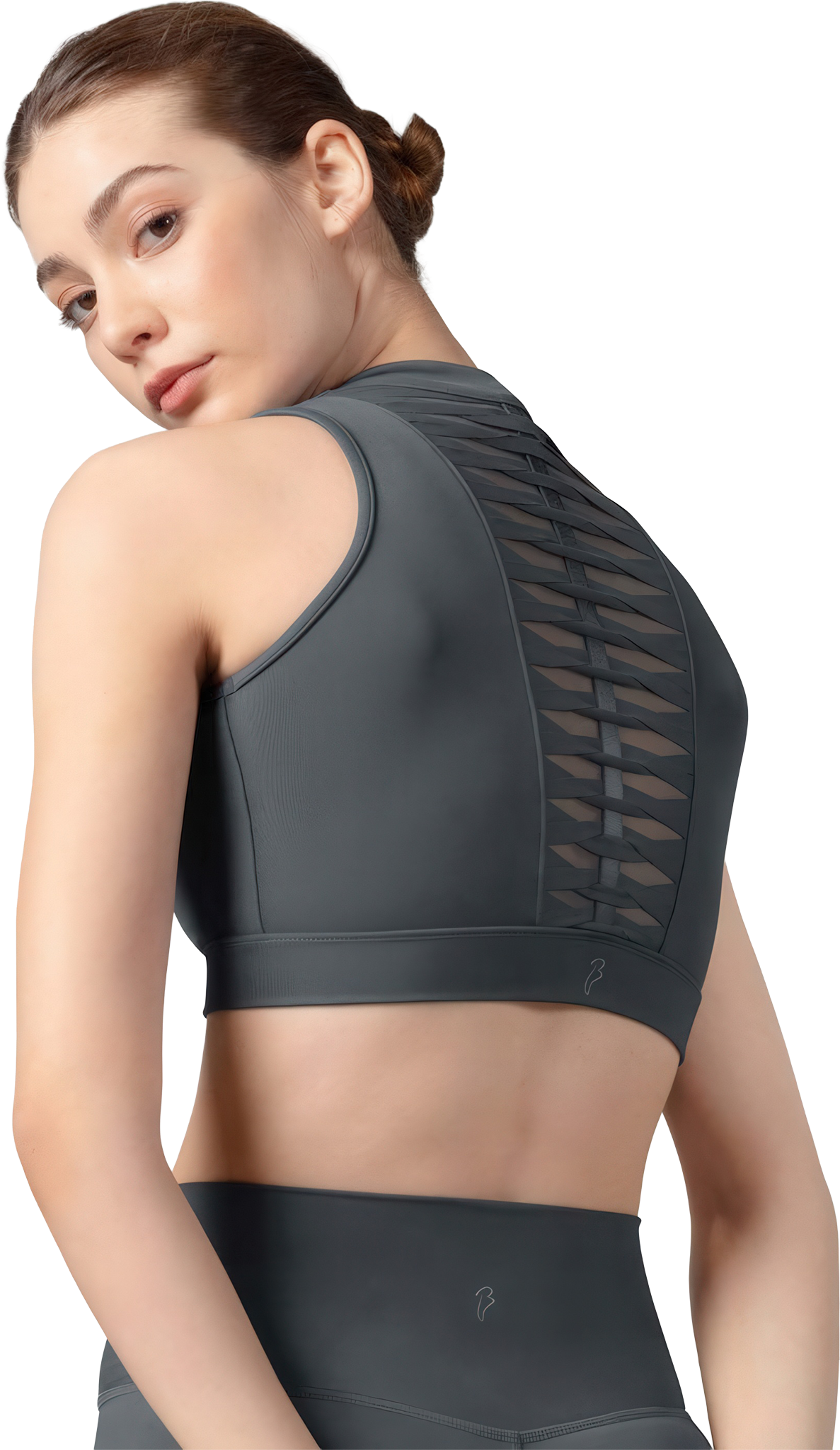 Bloch Alix Ladies Zip Front Crop Top Z8455 Graphite Tanz Crop Top Mit Stehkragen Und Reissverschluss Grau 01