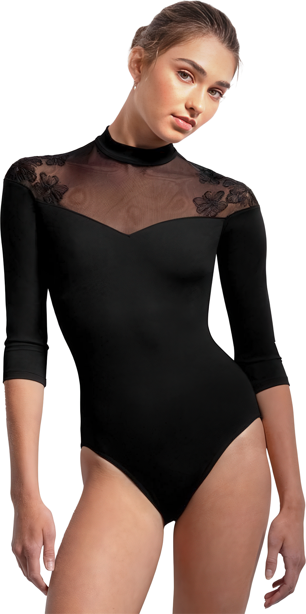 Bloch Calista Embroidered Zip 3 4 Sleeve Leotard B L60001 Black Tanztrikot Mit Stehkragen Und Floral Bestickter Netzpasse 111862 01