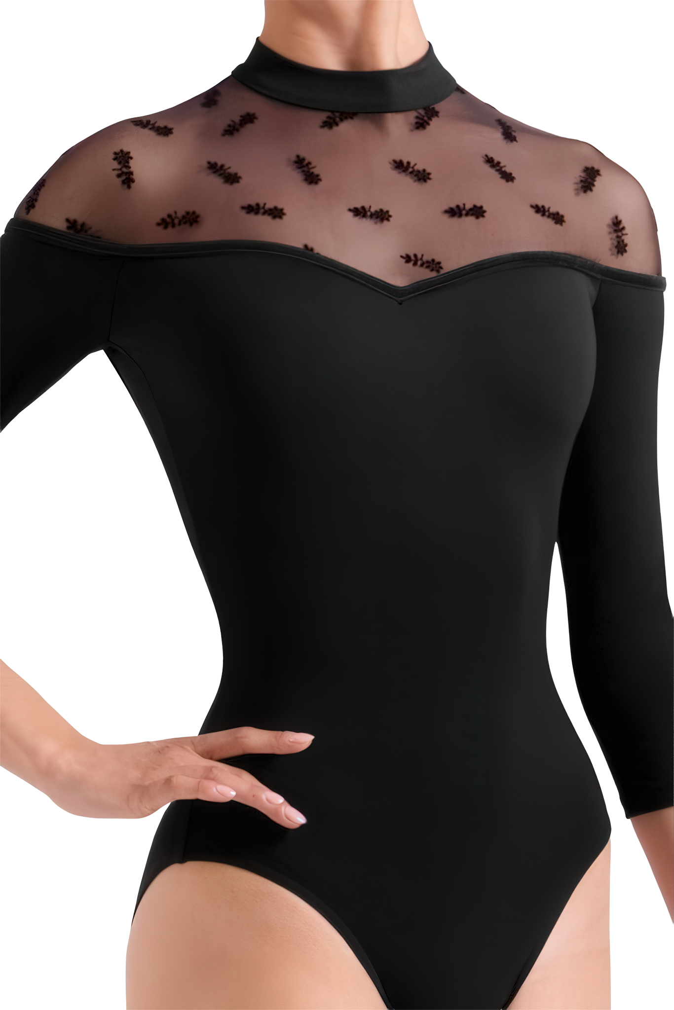 Bloch Sofia Floral 3 4 Sleeve Leotard L60004 Black Ballett Trikot Mit Stehkragen Und 3 4 Aermeln Schwarz 129265 03