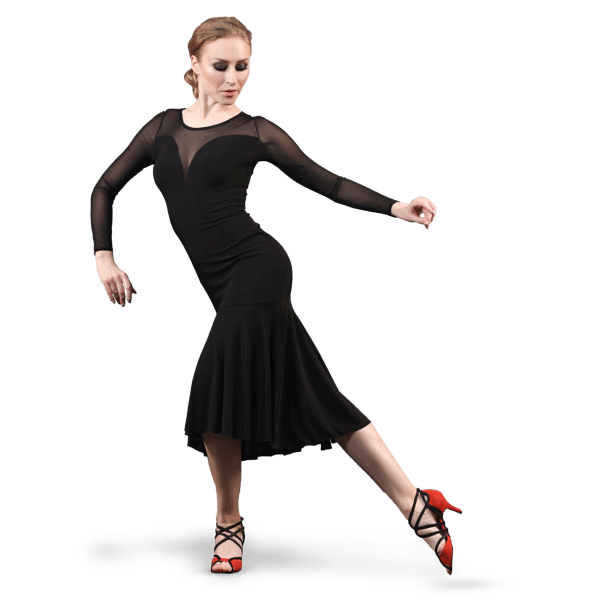 Dance Everywear Alexis Sm8018 Black Schwarzes Tanzkleid Mit Schlitz Mesh Aermeln 01