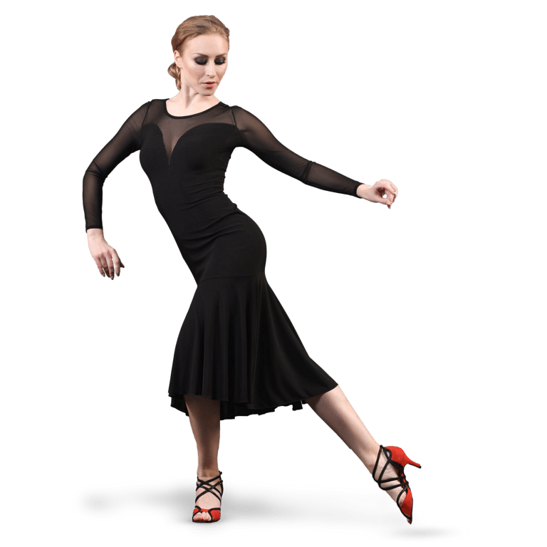 Dance Everywear Alexis Sm8018 Black Schwarzes Tanzkleid Mit Schlitz Mesh Aermeln 01
