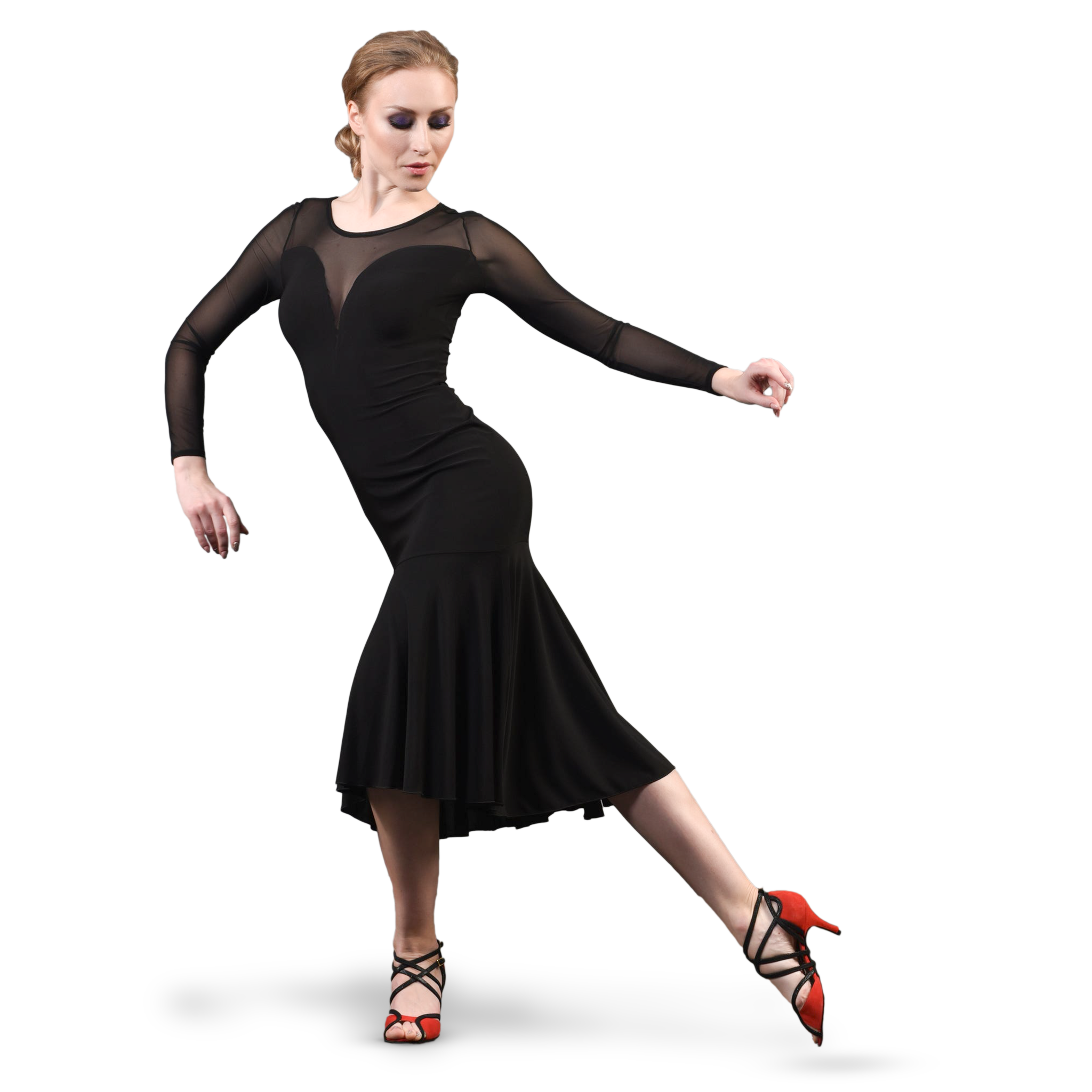 Dance Everywear Alexis Sm8018 Black Schwarzes Tanzkleid Mit Schlitz Mesh Aermeln 01
