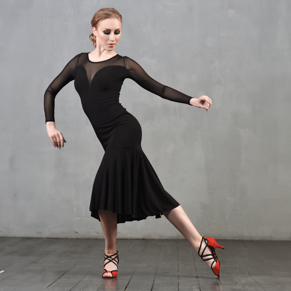 Dance Everywear Alexis Sm8018 Black Schwarzes Tanzkleid Mit Schlitz Mesh Aermeln 04