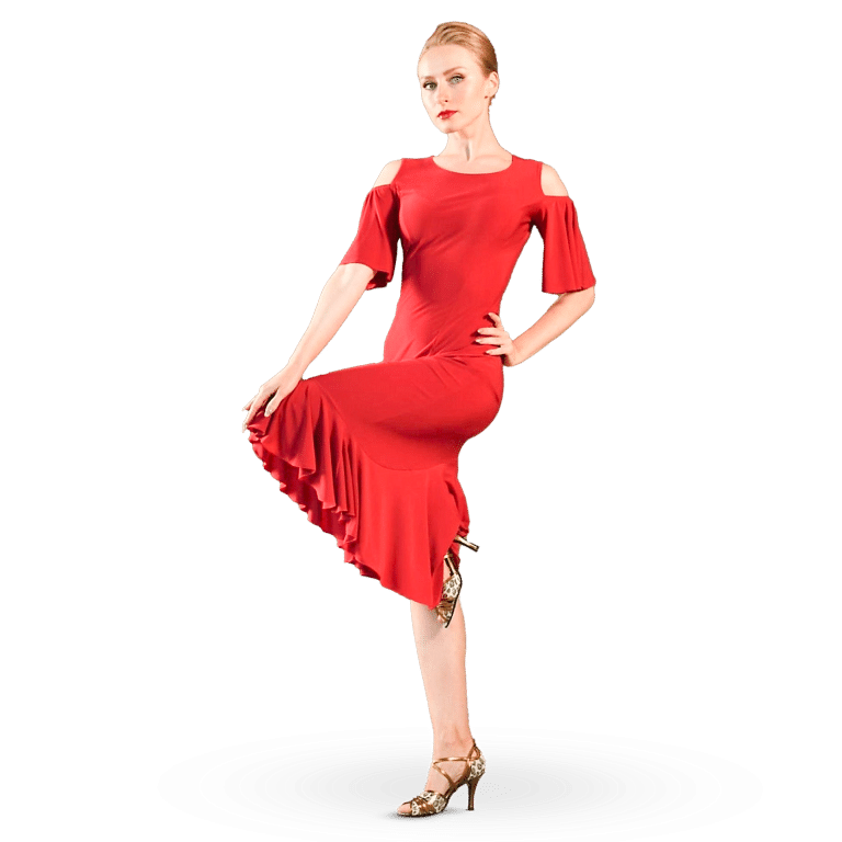 Dance Everywear Nerea Sm8030 Ruby Red Schulterfreies Tanzkleid Mit Godets Rot 01