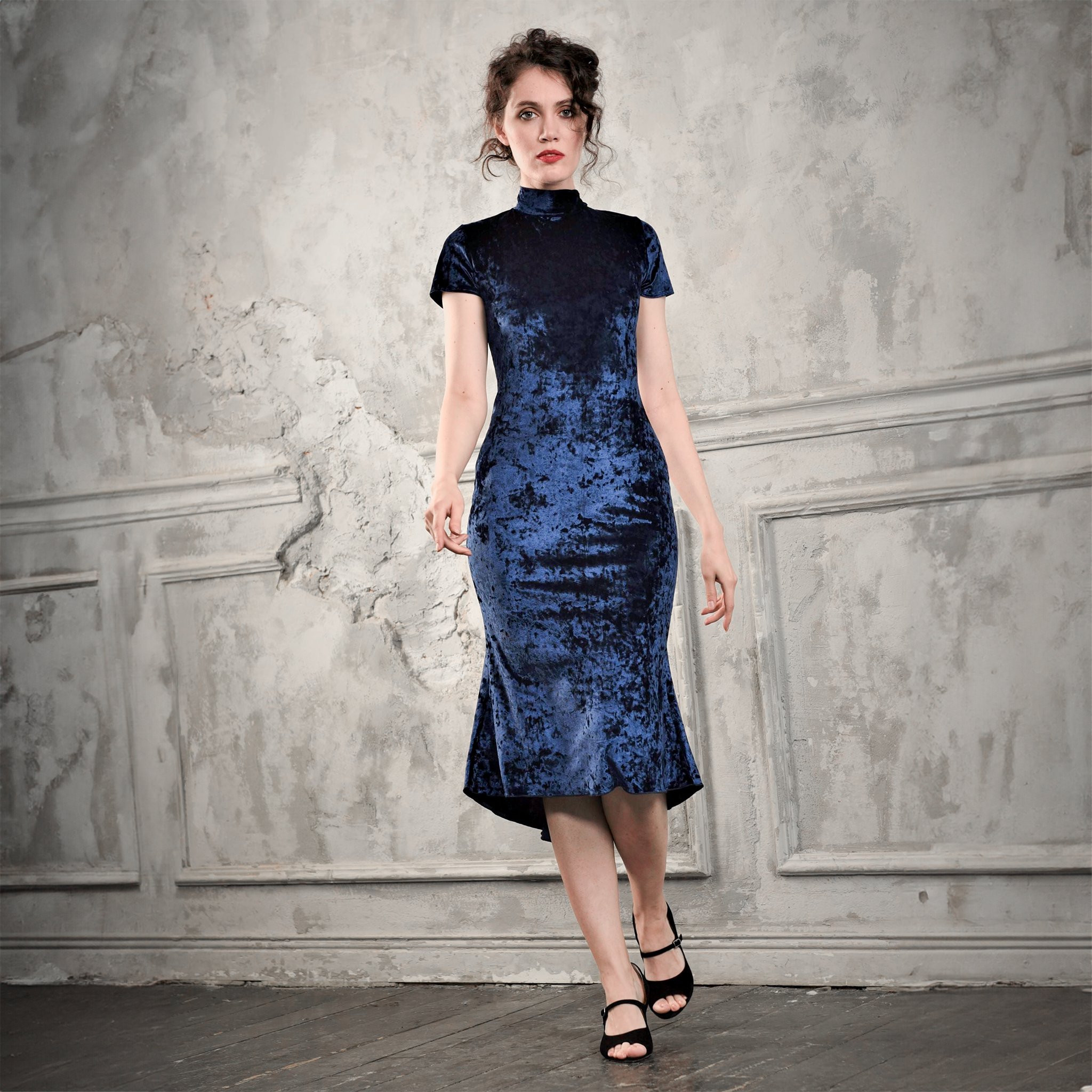 Dance Everywear Sofia Sm8024 037 Navy Blue Blaues Samt Tanzkleid Mit Stehkragen 02