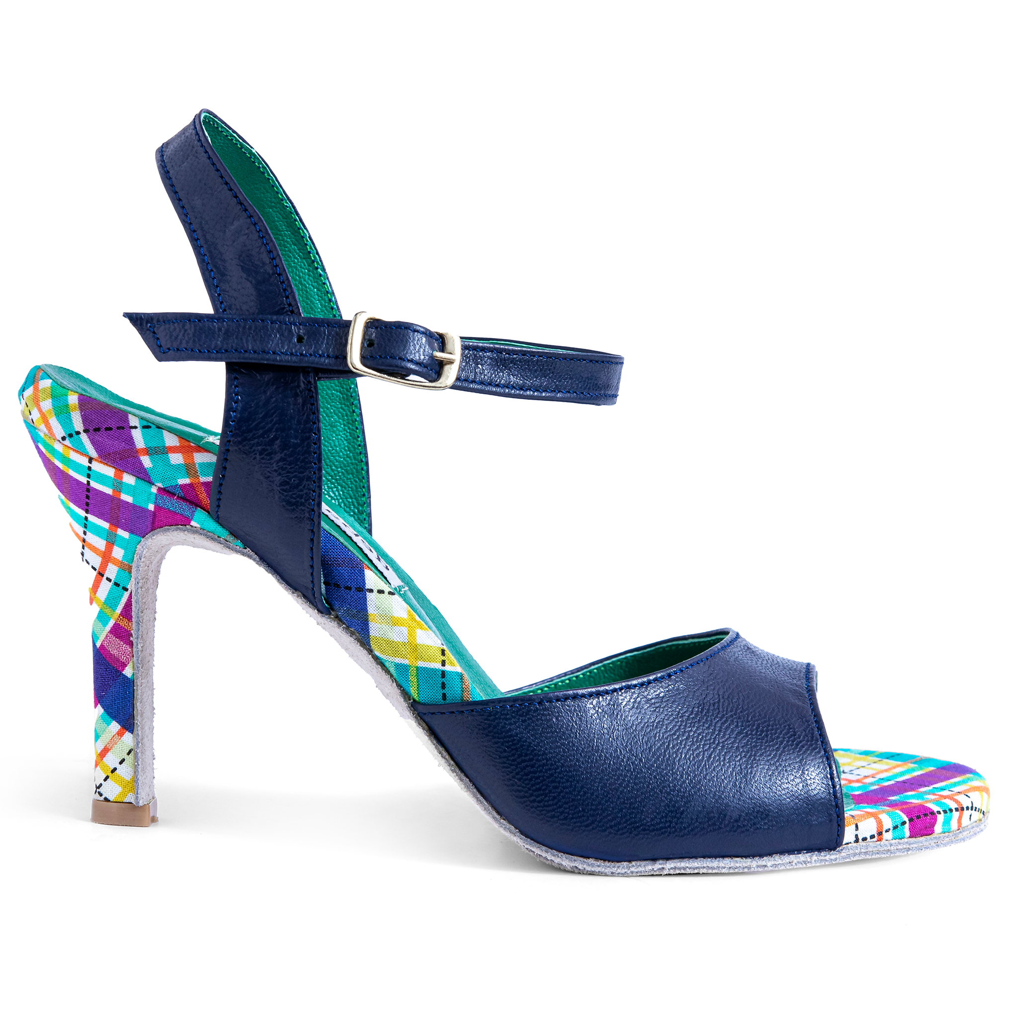 Debailar Sandalia Murano Open Back Blaue Tanzsandale Leder Karo Stoff 01