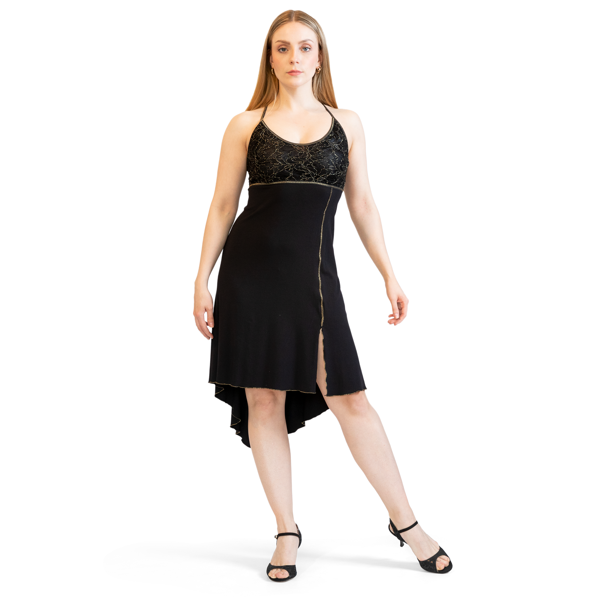 Gustango Serena Robser10 Schwarz Gold Tanzkleid Gekreuzte Traeger 01