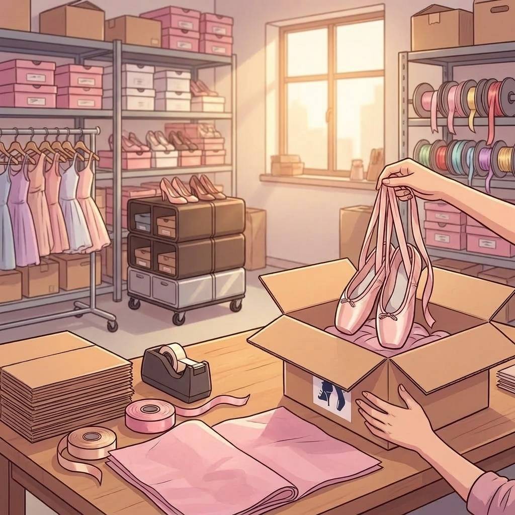 Comic-Illustration: Packplatz im Hacke und Spitze Lager – Spitzenschuhe werden mit Seidenpapier liebevoll in einen Versandkarton gelegt