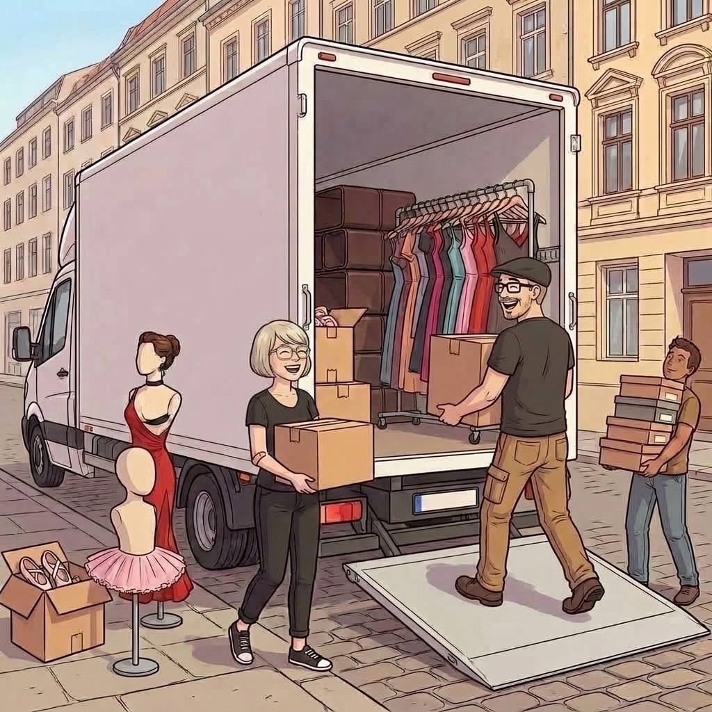 Comic-Illustration: Das Hacke und Spitze Team belädt lachend einen Umzugswagen mit Kartons, Tanzkleidern und Schaufensterpuppen