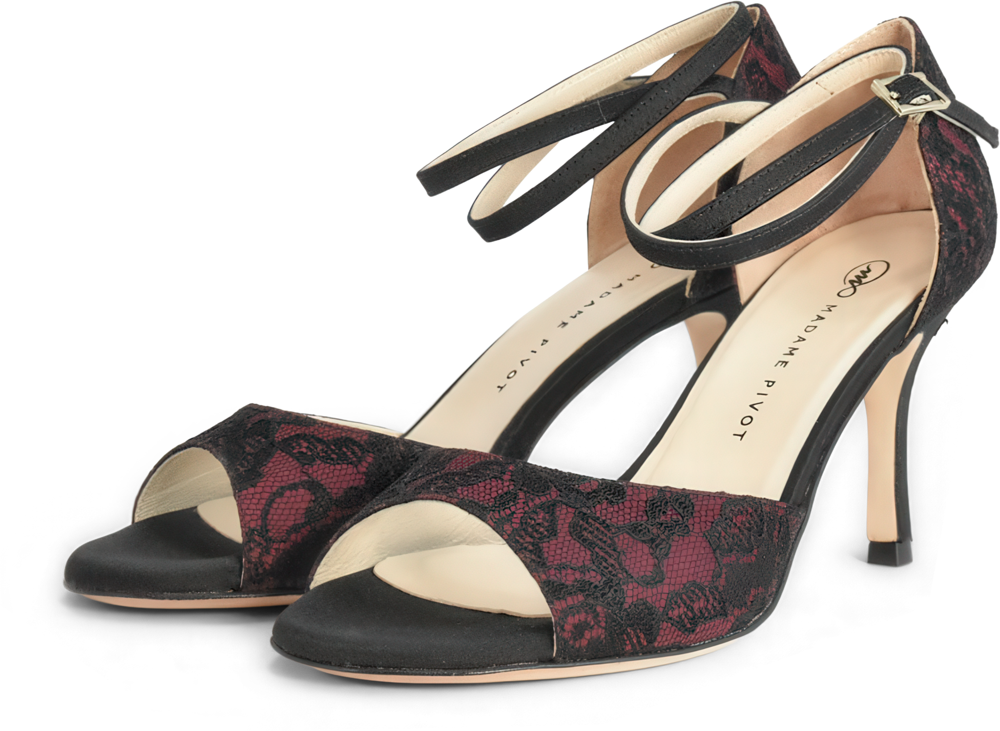 Madame Pivot Sophie Ruby Lace Satin Tango Sandale Schwarze Spitze Auf Weinrotem Satin 97740 01 1