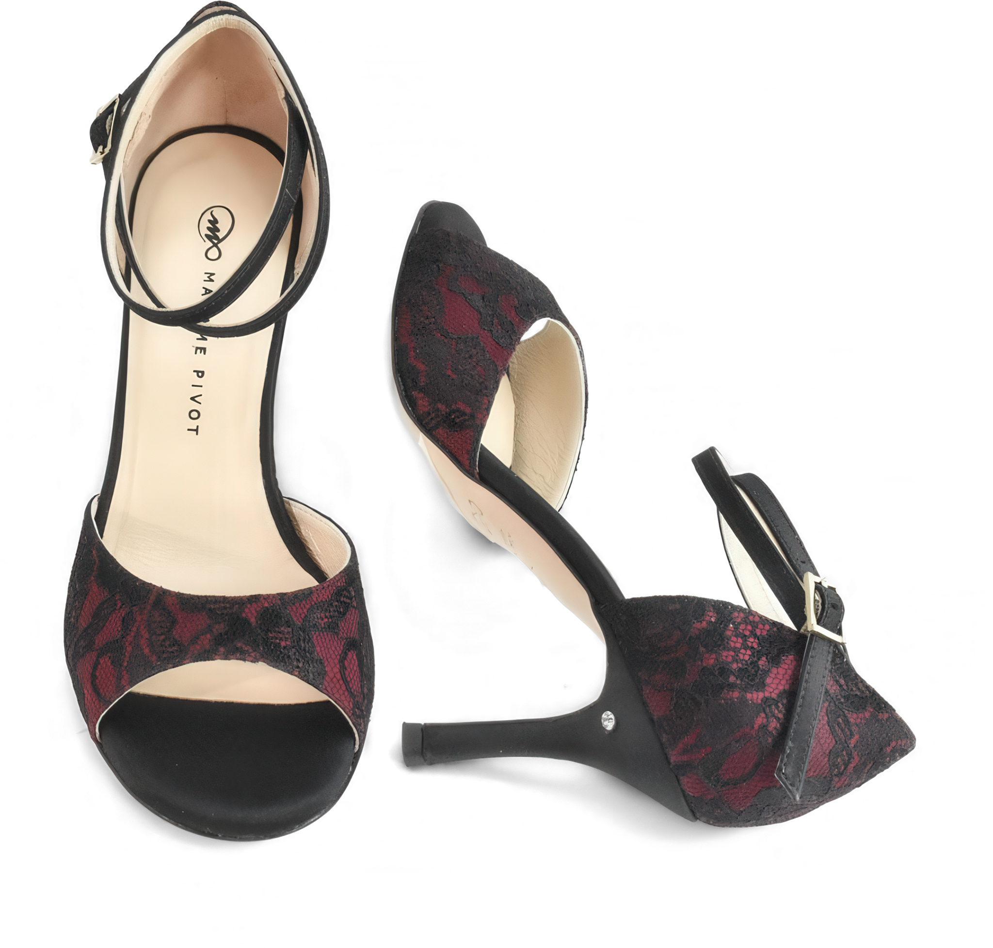 Madame Pivot Sophie Ruby Lace Satin Tango Sandale Schwarze Spitze Auf Weinrotem Satin 97740 02
