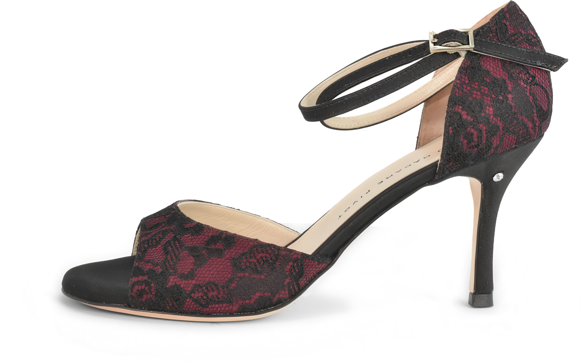 Madame Pivot Sophie Ruby Lace Satin Tango Sandale Schwarze Spitze Auf Weinrotem Satin 97740 03