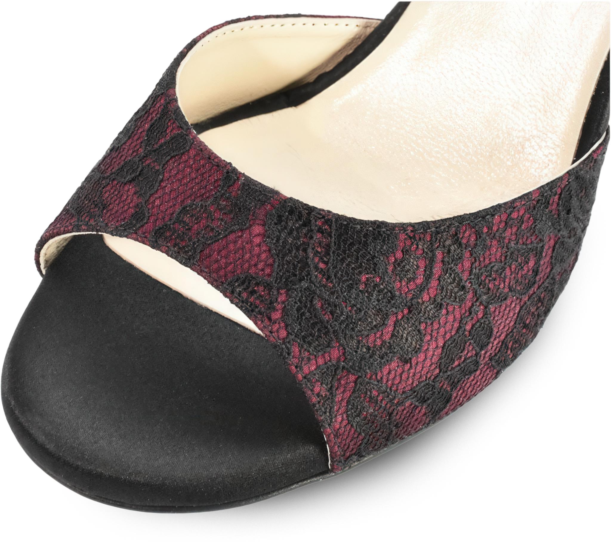 Madame Pivot Sophie Ruby Lace Satin Tango Sandale Schwarze Spitze Auf Weinrotem Satin 97740 04