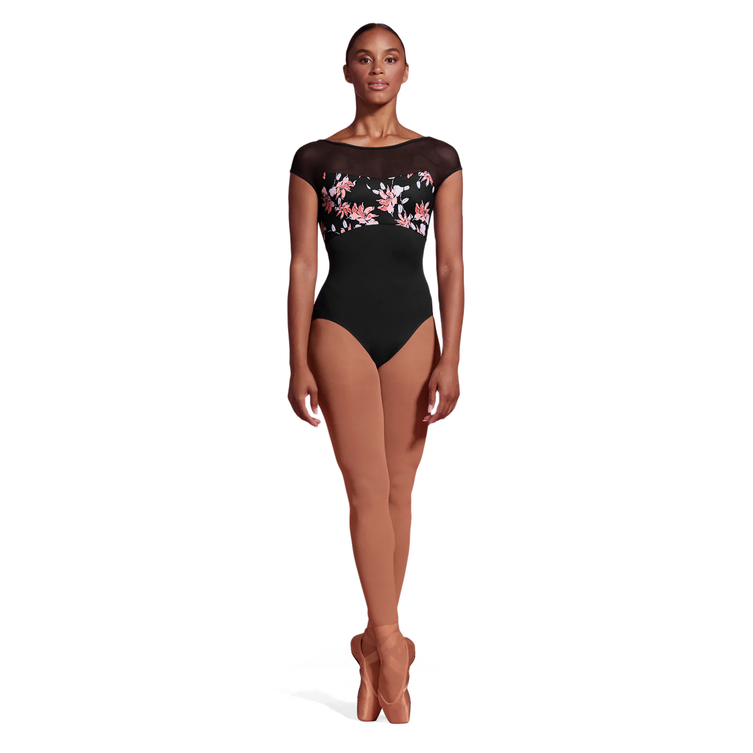 Mirella M5095lm Black Cap Sleeves Damen Tanzbody Mit Blumenmuster 02