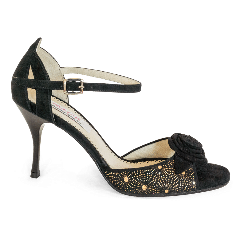 Raquel Lily04 Con Flor Schwarz Gold Tanzschuh Mit Bluete Gold Prägung 01