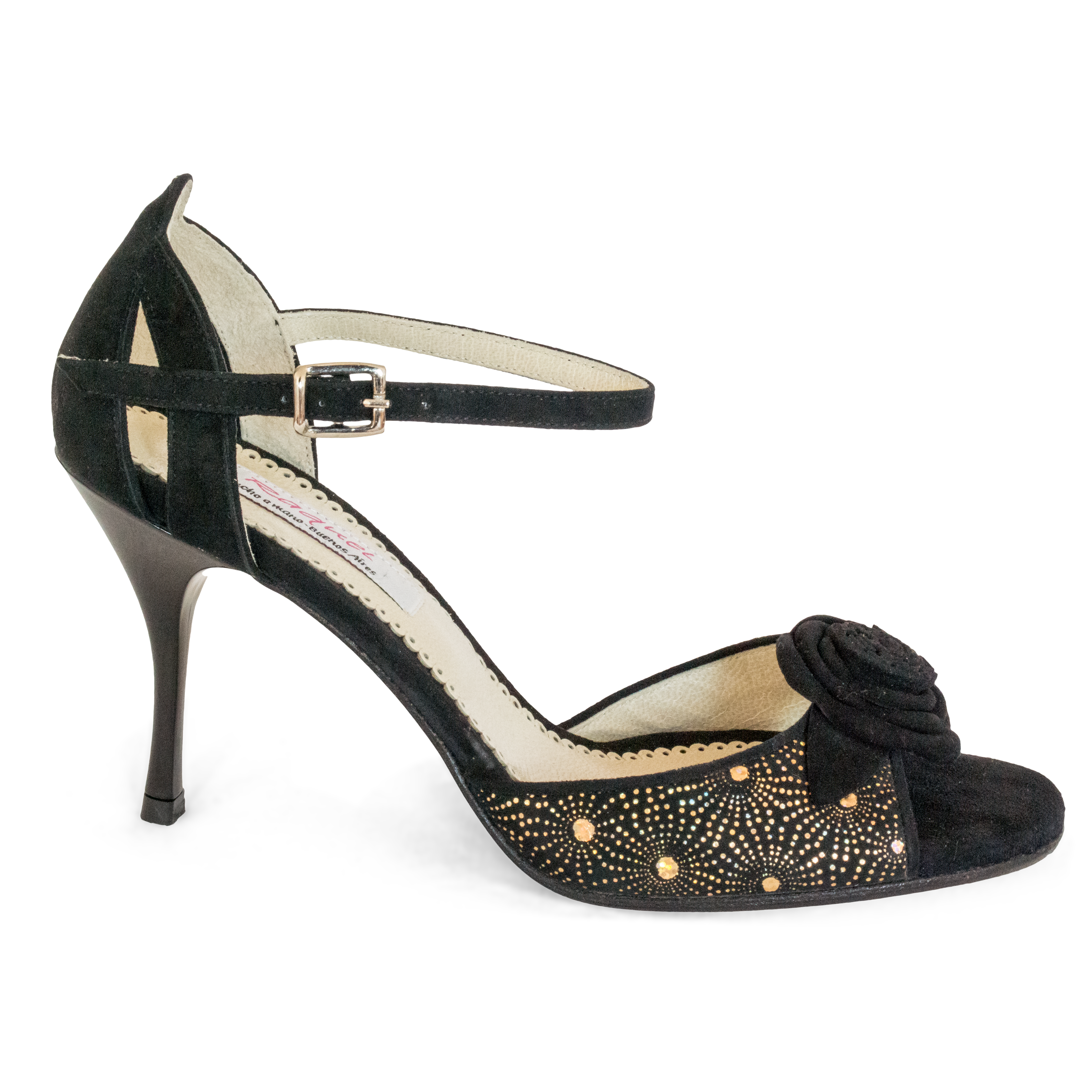 Raquel Lily04 Con Flor Schwarz Gold Tanzschuh Mit Bluete Gold Prägung 01