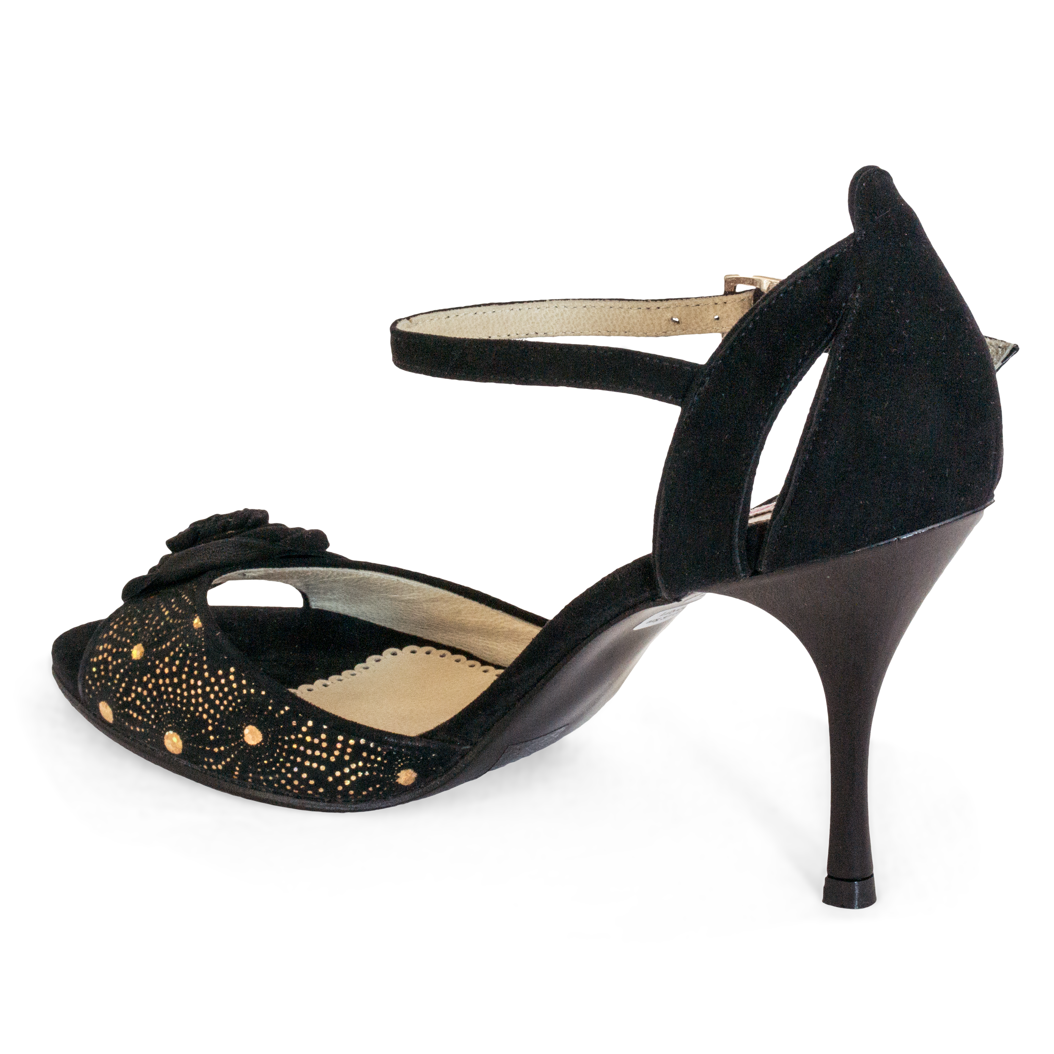 Raquel Lily04 Con Flor Schwarz Gold Tanzschuh Mit Bluete Gold Prägung 02