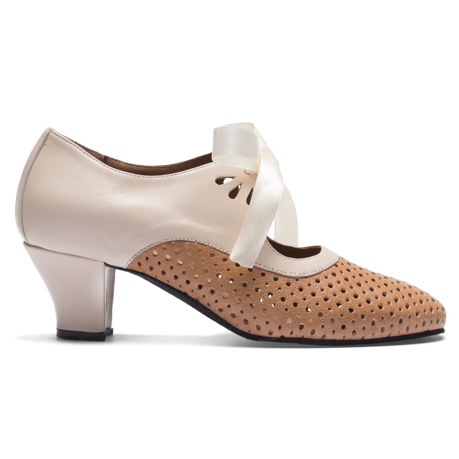 Rumpf 9245 Brown Beige Tanzpumps Mit Lochmuster Und Satinschleife 01