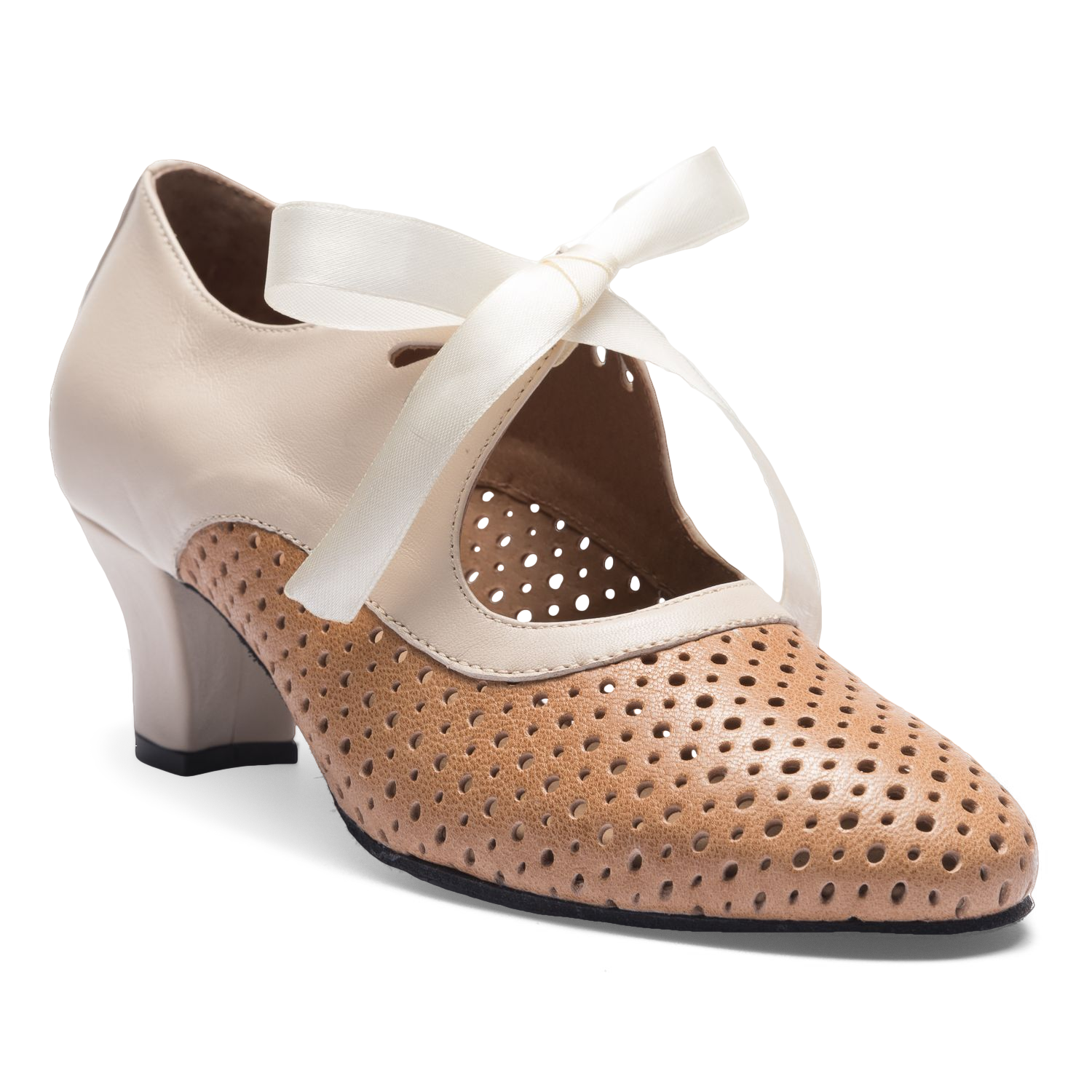 Rumpf 9245 Brown Beige Tanzpumps Mit Lochmuster Und Satinschleife 04