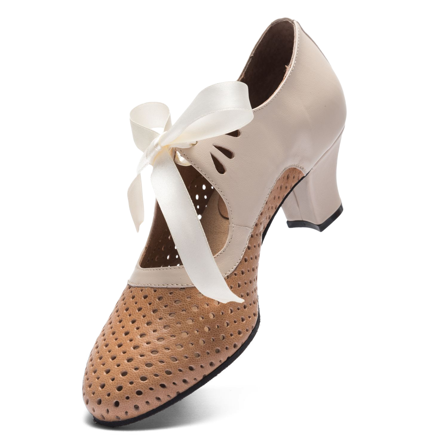 Rumpf 9245 Brown Beige Tanzpumps Mit Lochmuster Und Satinschleife 06