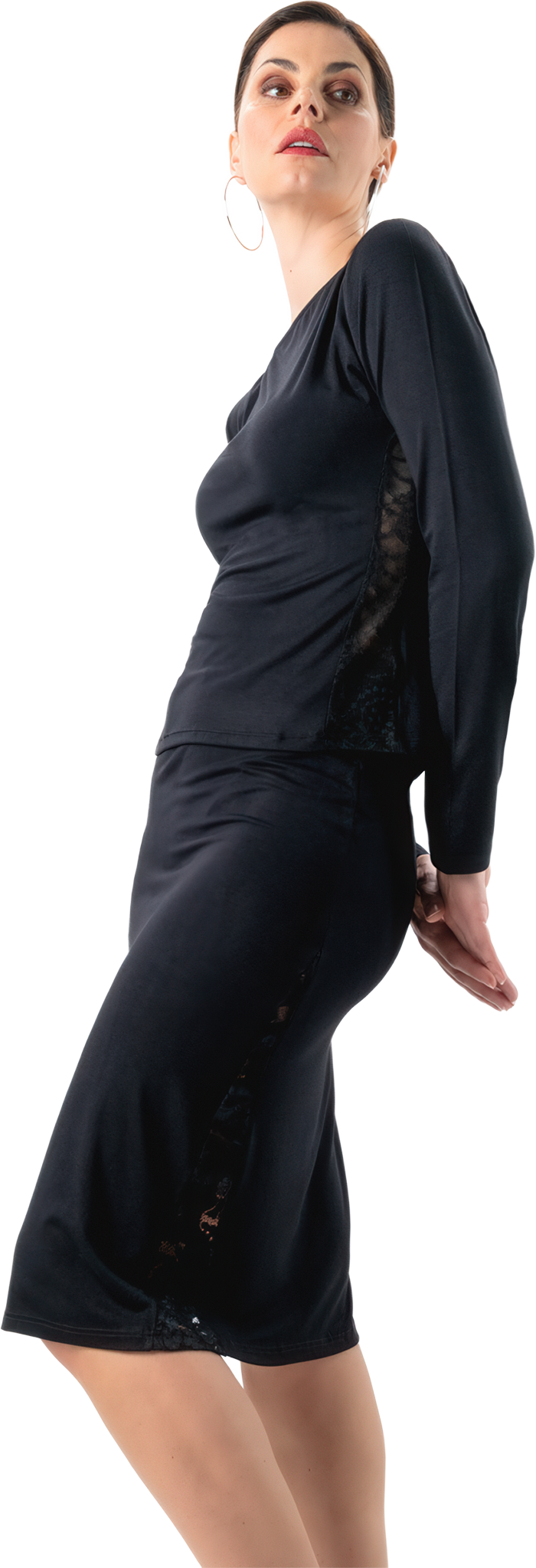 Werner Kern Tyra Schwarz Knielanger Tanzrock Mit Schlitz Und Spitzeneinsatz 117336 01